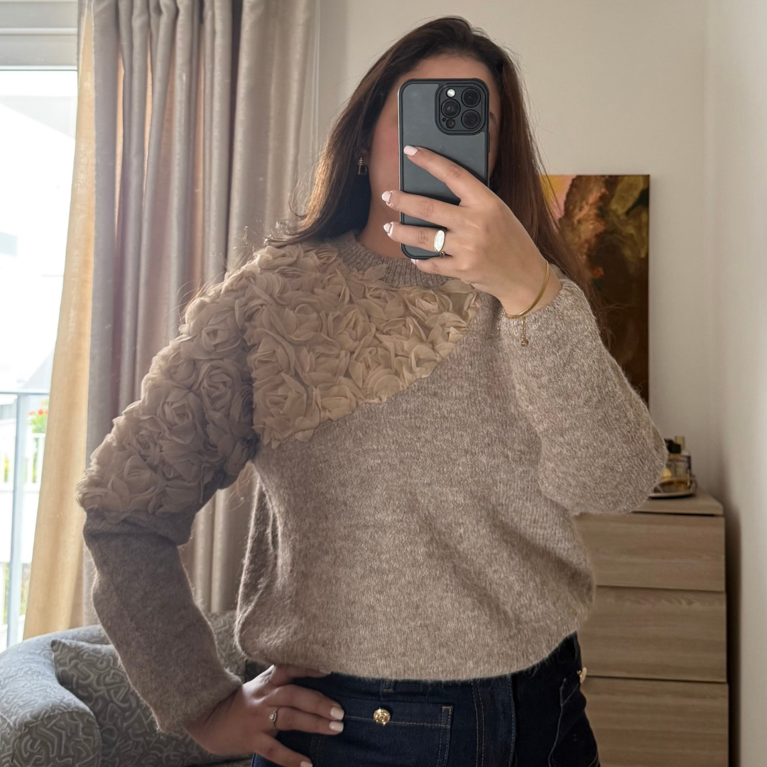 Pull à Fleurs Beige