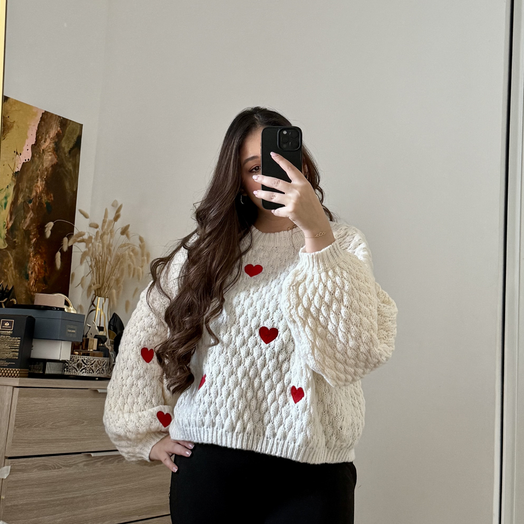 Pull Beige Coeurs Rouges