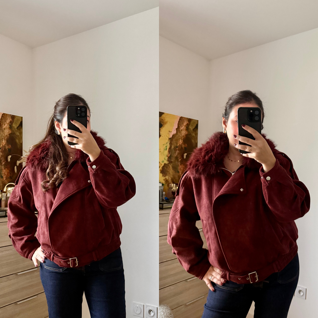 Veste Daim à Fourrure Bordeaux