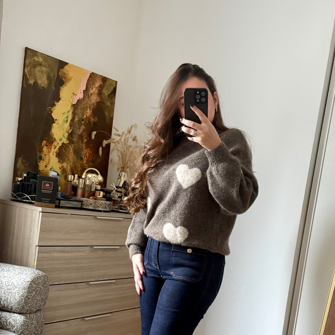 Pull Taupe à Cœurs