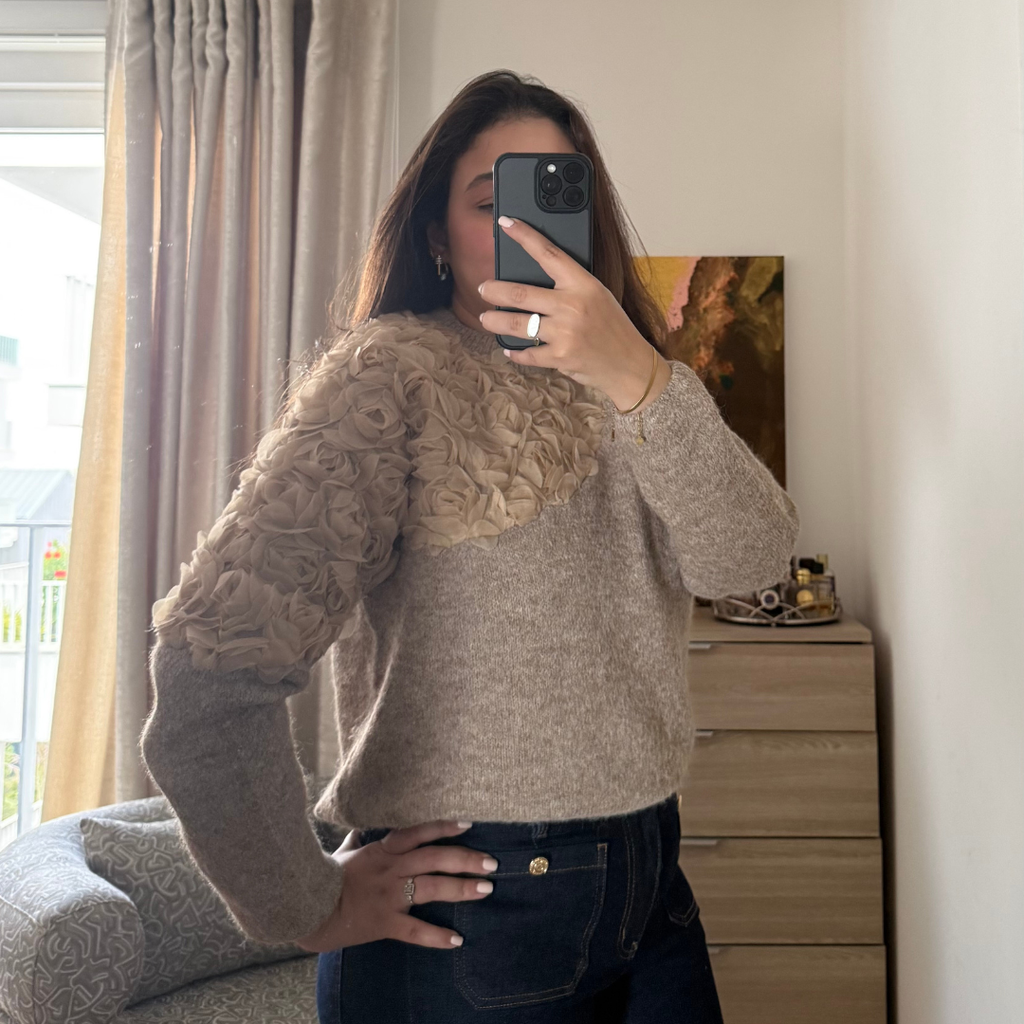 Pull à Fleurs Beige