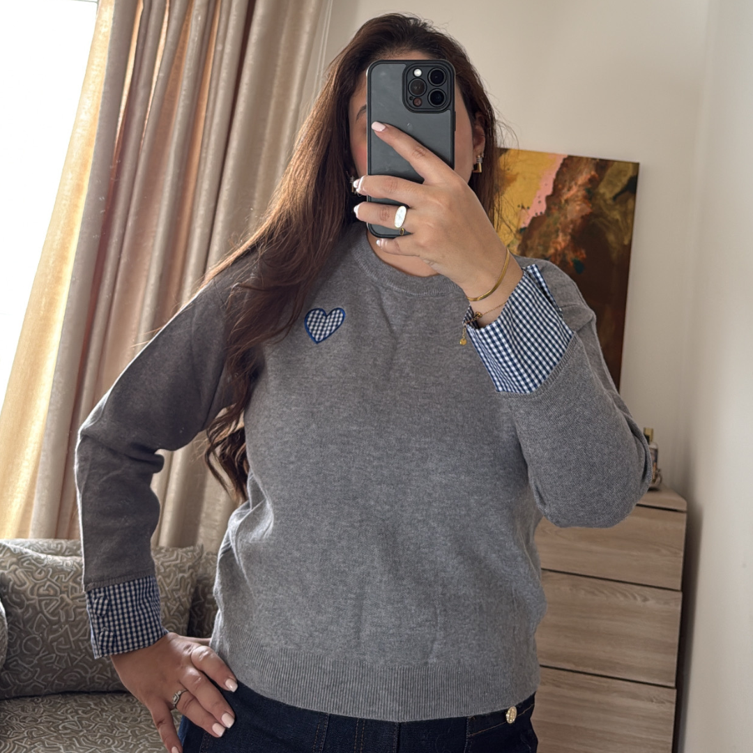 Pull Gris Coeur Vichy