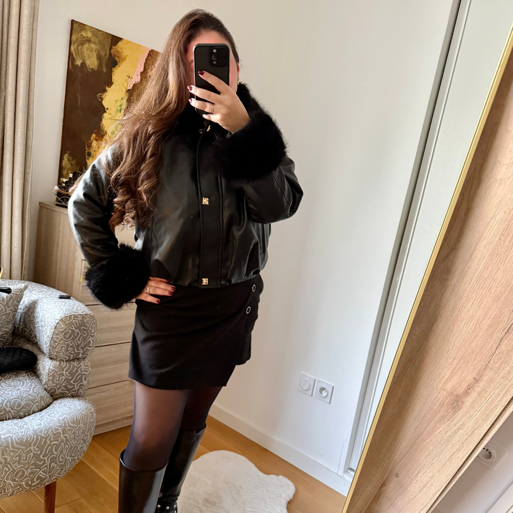 Veste Simli Cuir à Fourrure Noir