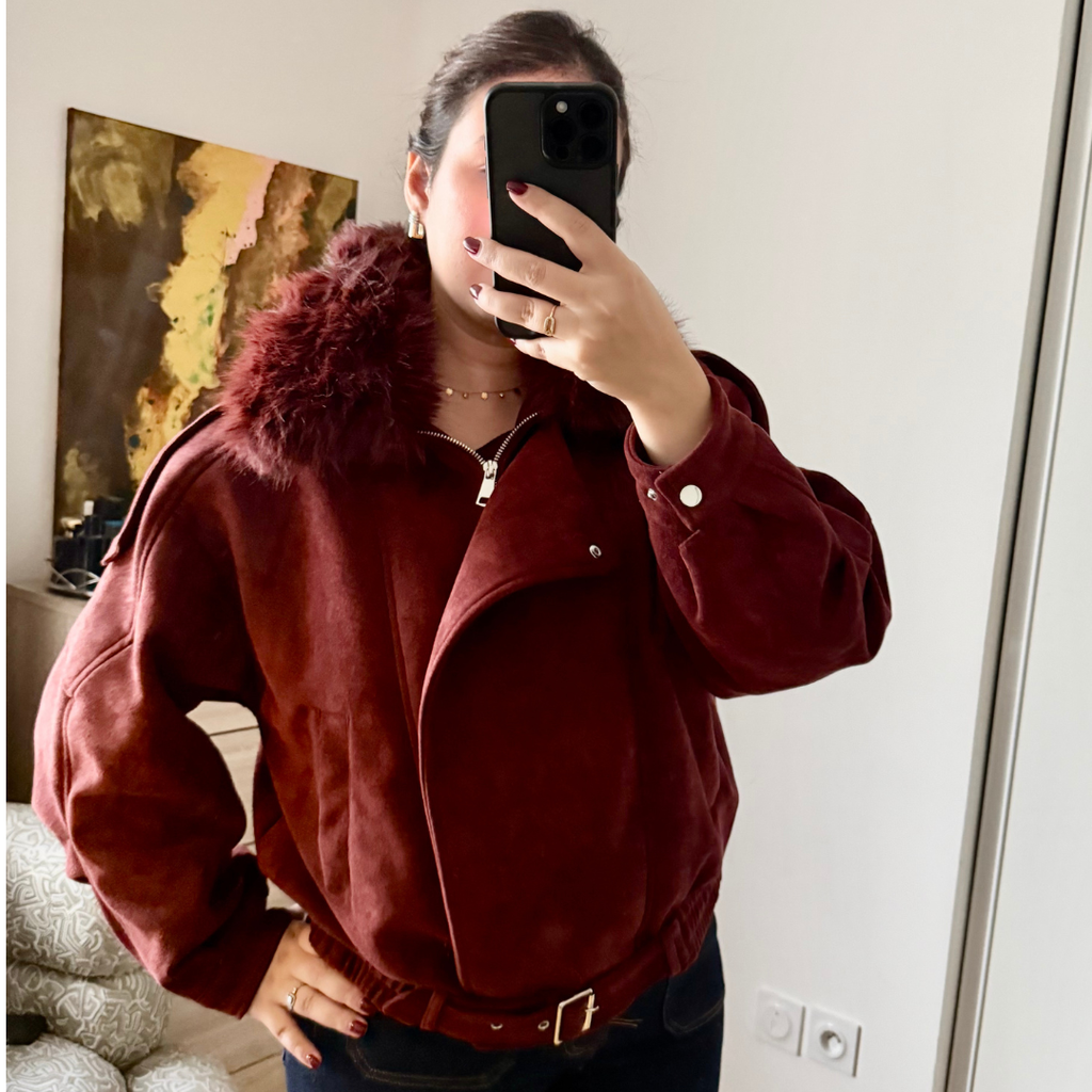Veste Daim à Fourrure Bordeaux
