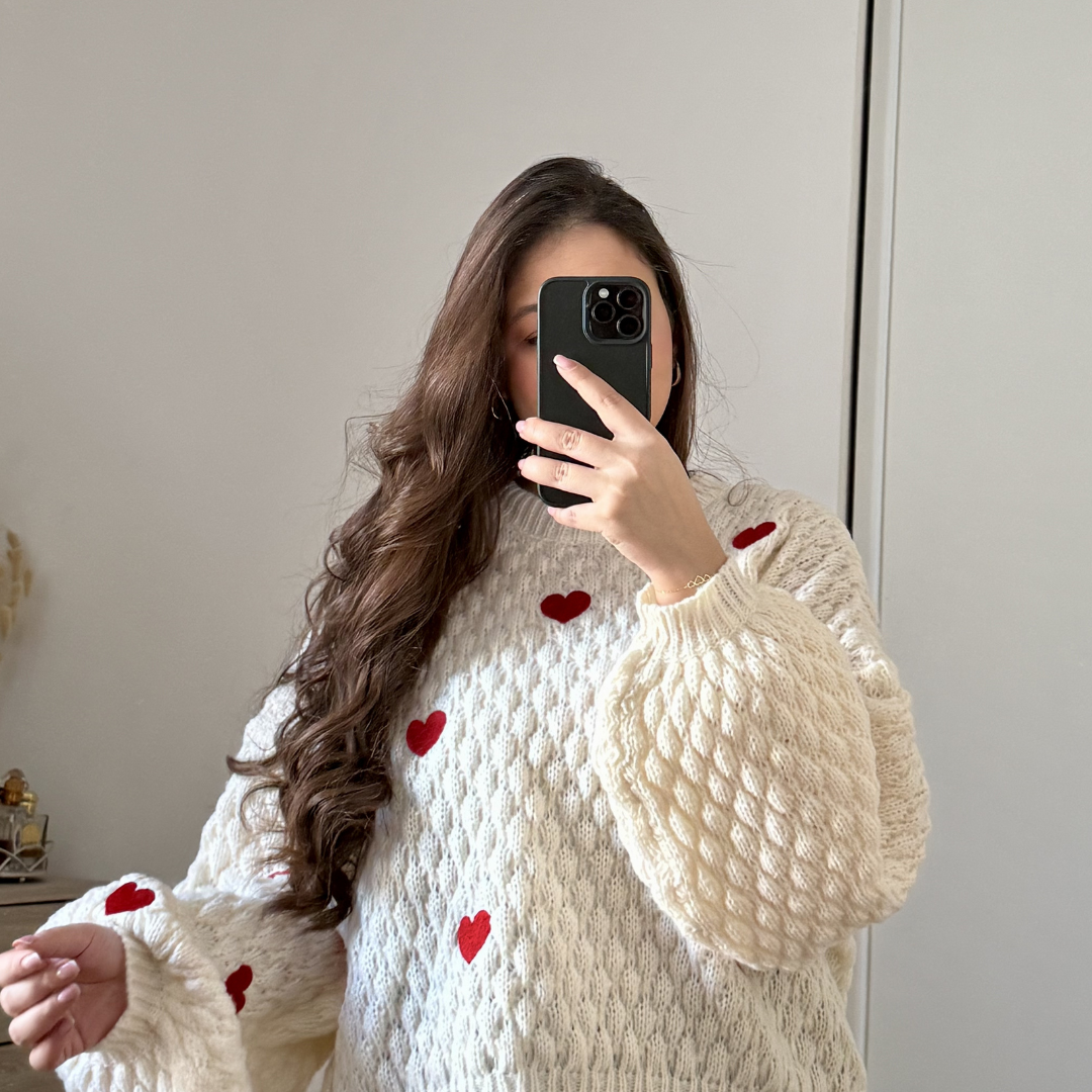 Pull Beige Coeurs Rouges