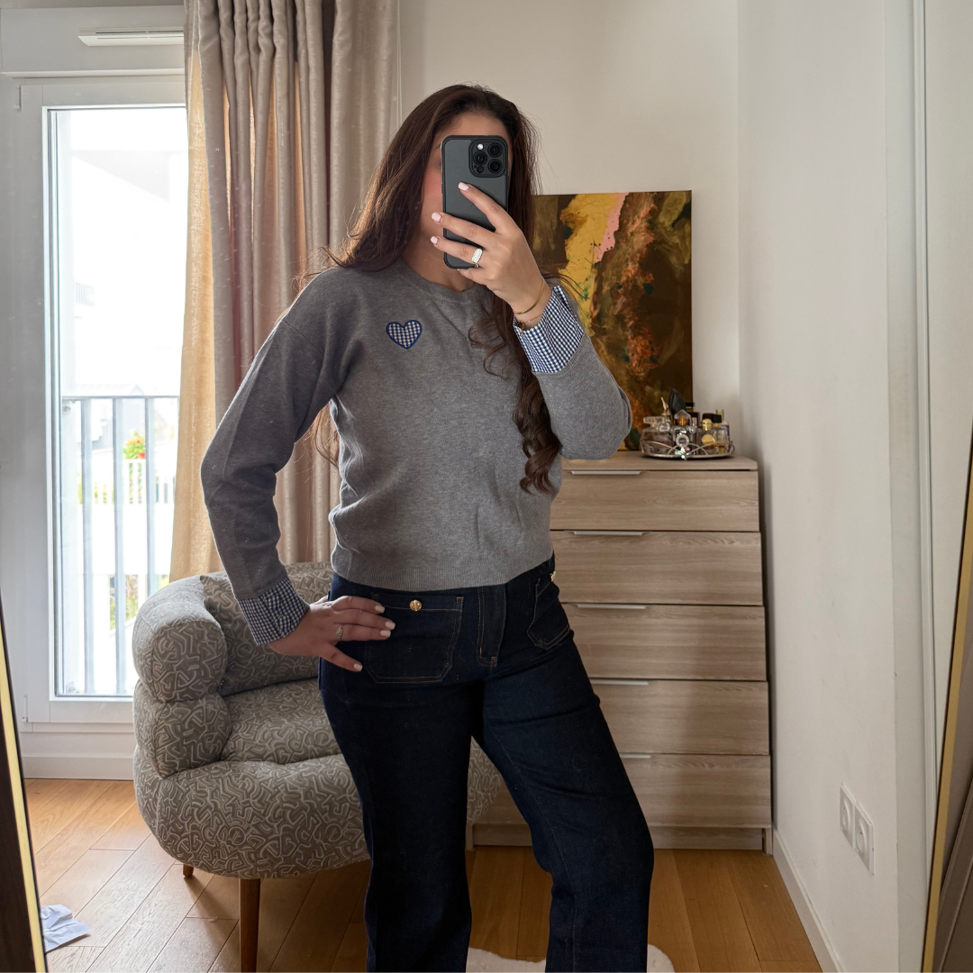 Pull Gris Coeur Vichy