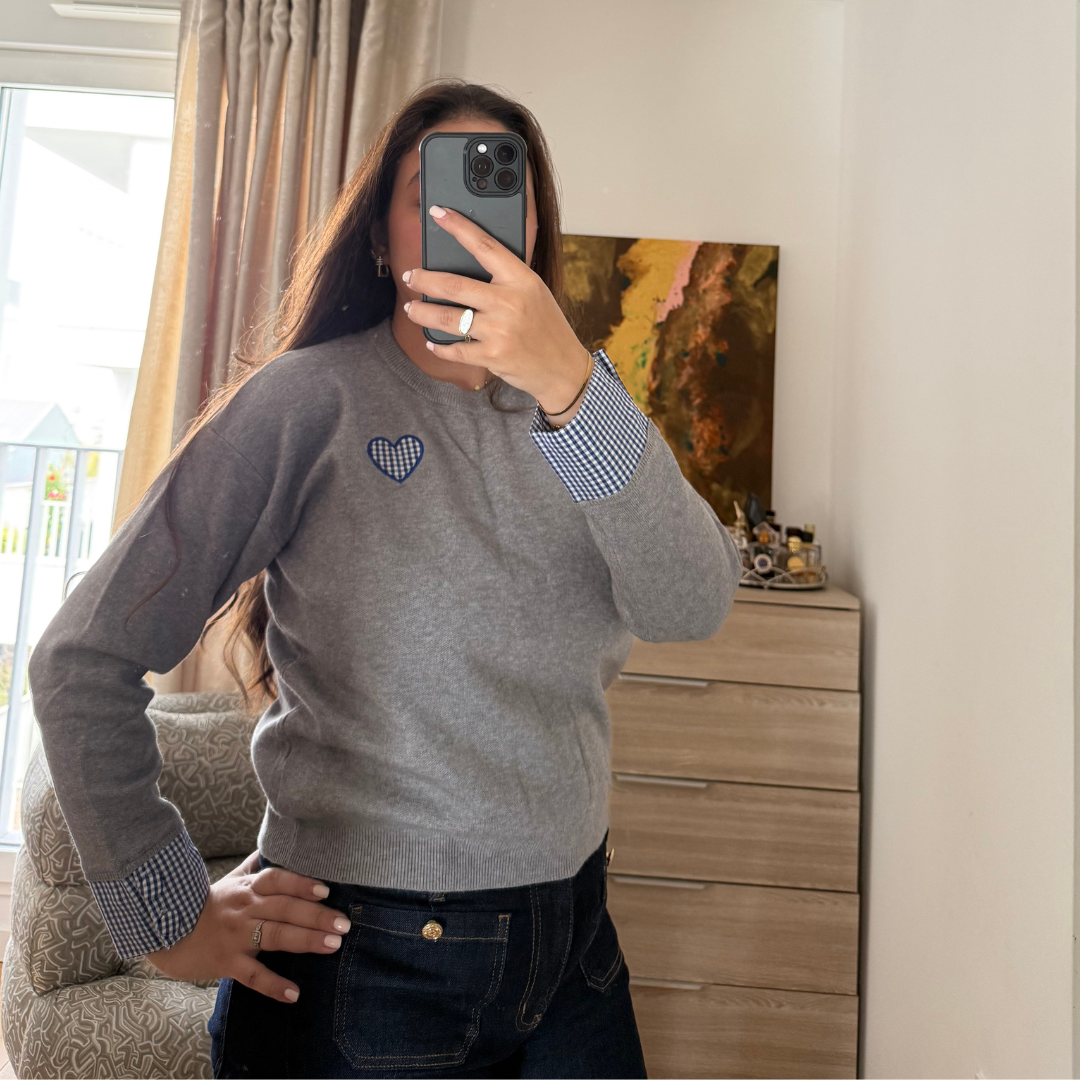 Pull Gris Coeur Vichy