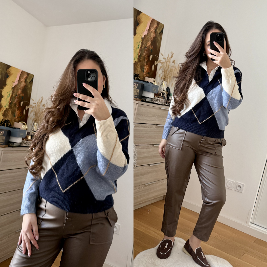 Pull Avec Chemise Intégrée Bleu