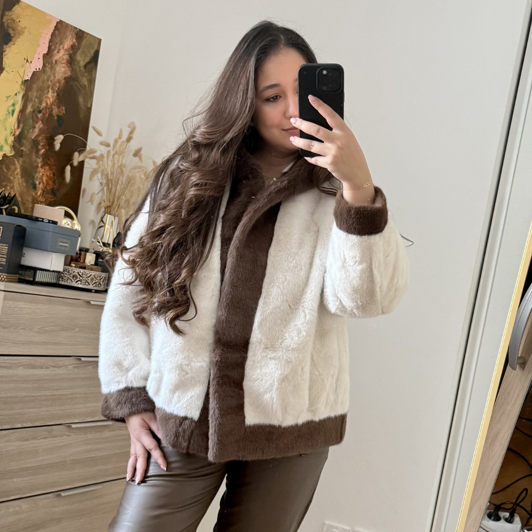 Manteau Fourrure À Capuche Beige Et Choco