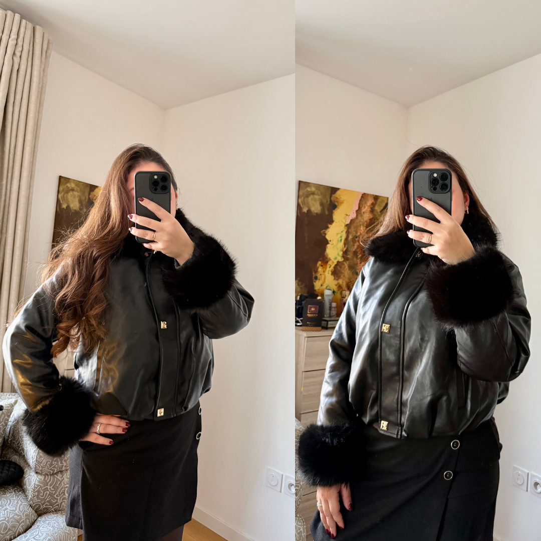 Veste Simli Cuir à Fourrure Noir