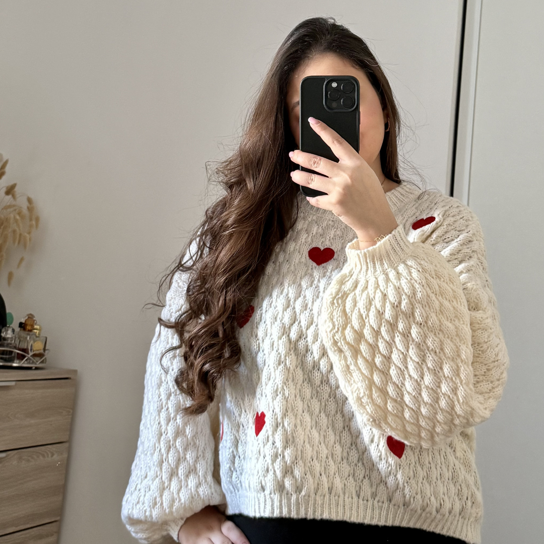 Pull Beige Coeurs Rouges