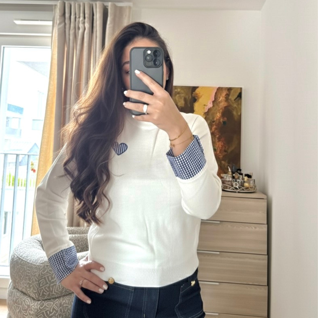 Pull Blanc Coeur Vichy