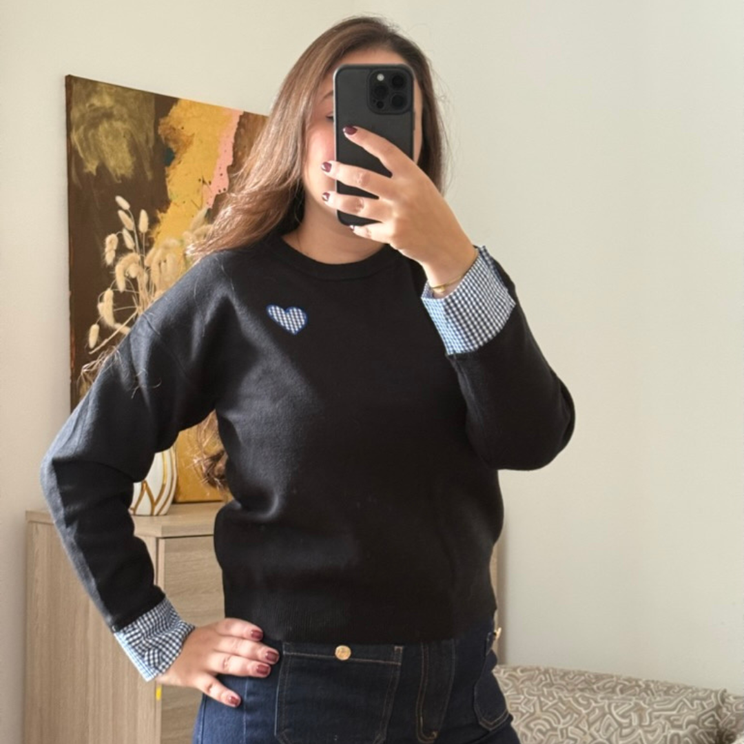 Pull Bleu Coeur Vichy