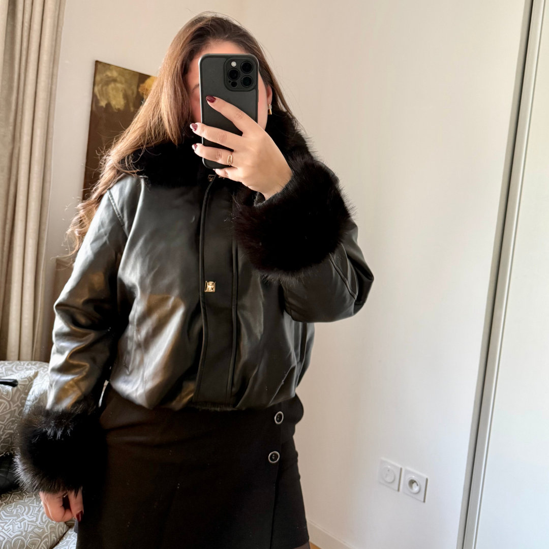 Veste Simli Cuir à Fourrure Noir
